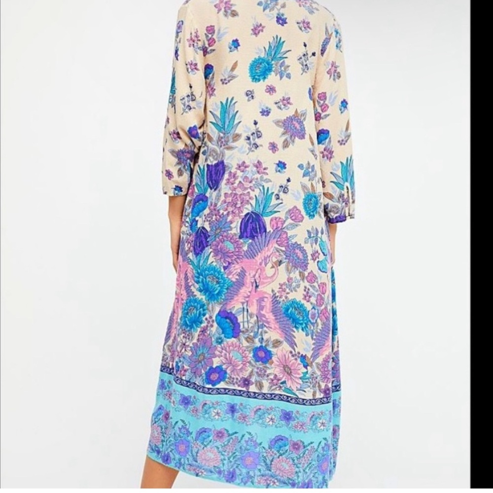 Spell and the Gypsy Floral Kimono in Blue and Purple, with flamingos
